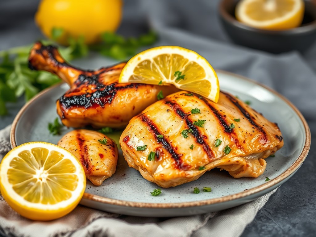 Gegrillde Kip met Knoflook, Dragon en Citroen, AI-gegenereerde illustratie
