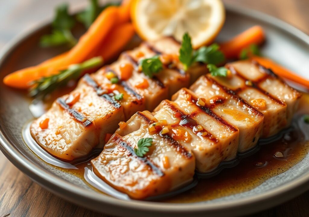 Gegrillde Tonijn met Sweet and Sour Saus — AI-gegenereerde illustratie