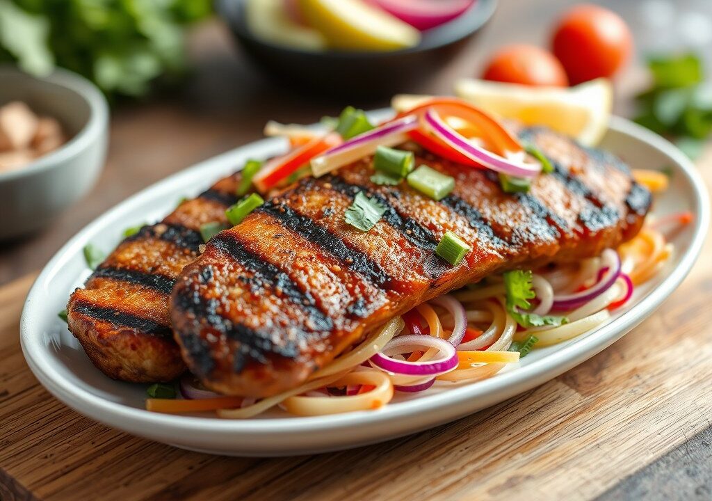 Gegrillde Worstjes met Aziatische Salade, AI-gegenereerde illustratie