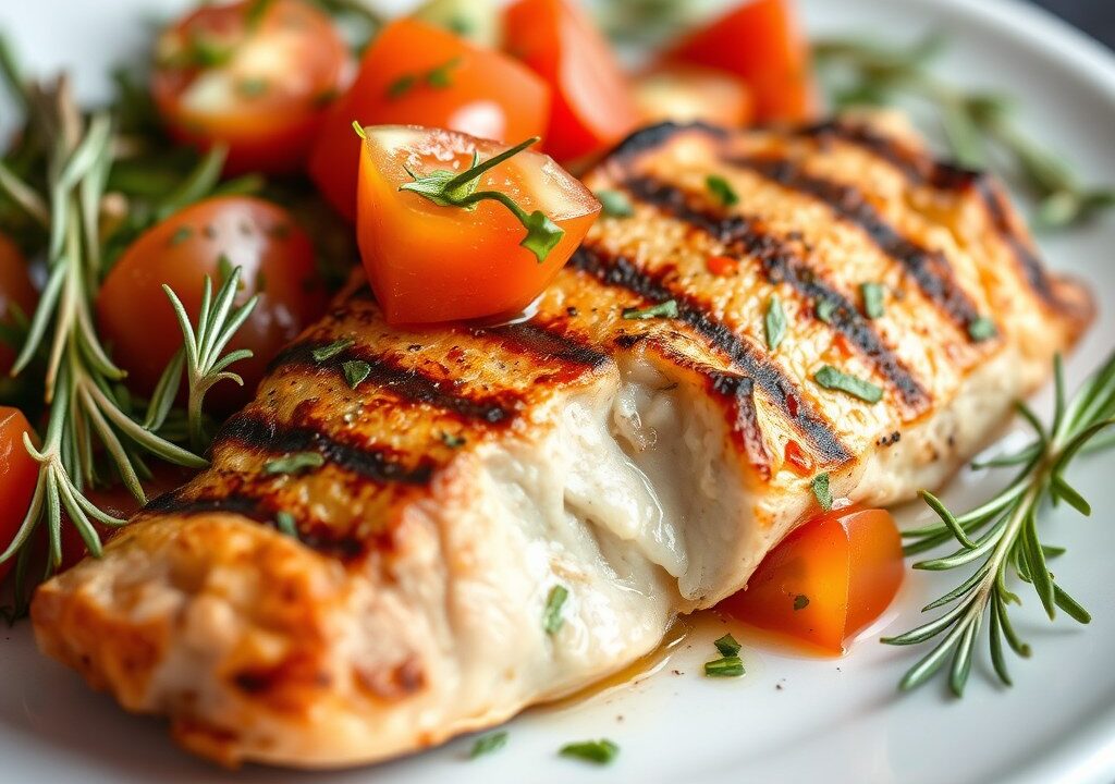 Gegrillde Zeebaars met een Pittige Tomaten-Komkommer Salade, AI-gegenereerde illustratie