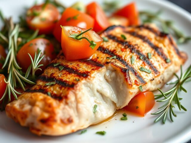 Gegrillde Zeebaars met een Pittige Tomaten-Komkommer Salade — AI-gegenereerde illustratie