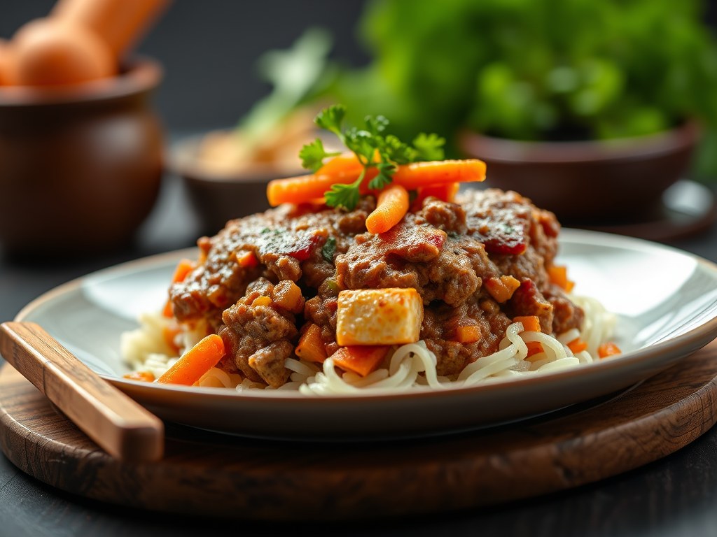 Gehakt parmentier met tofu, AI-gegenereerde illustratie