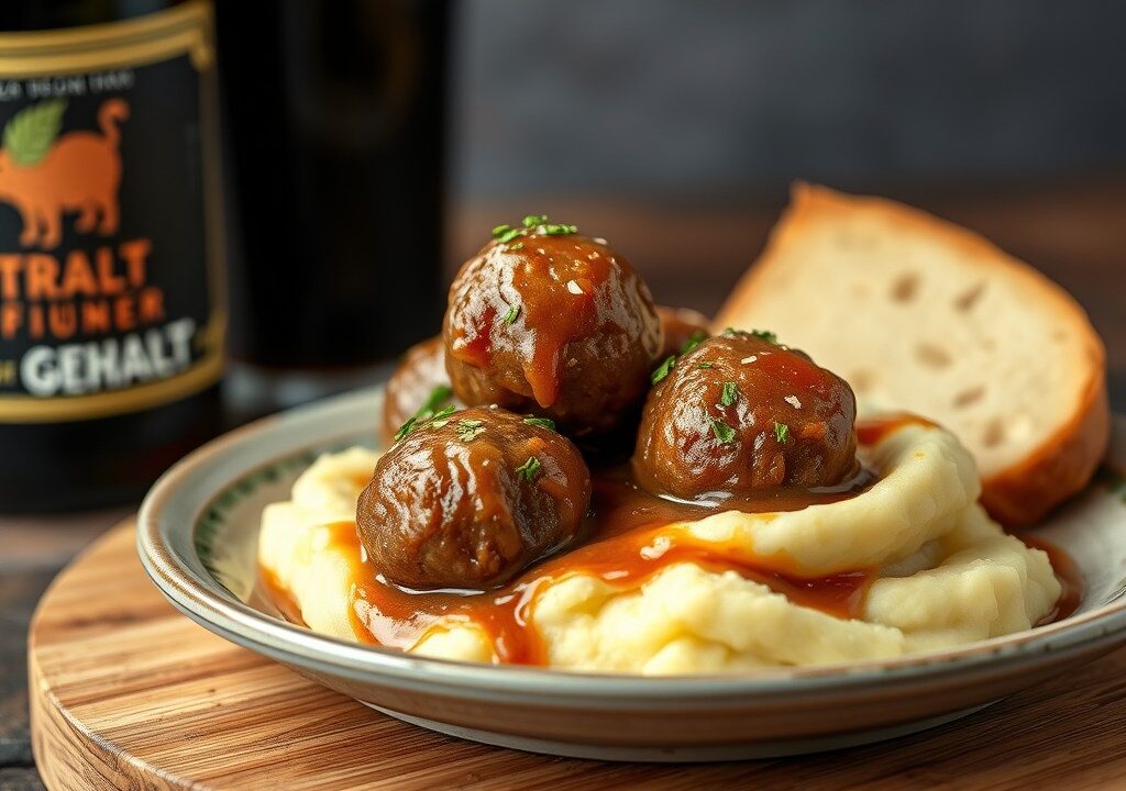 Gehaktballen in Stout met puree, AI-gegenereerde illustratie