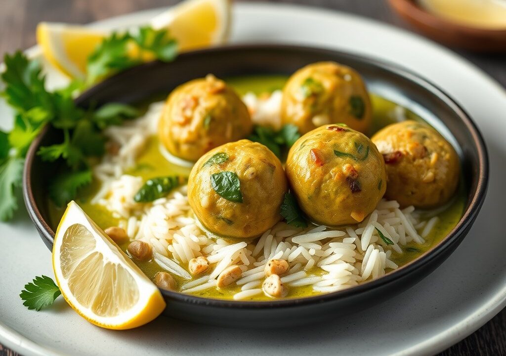 Gehaktballetjes in groene curry, AI-gegenereerde illustratie