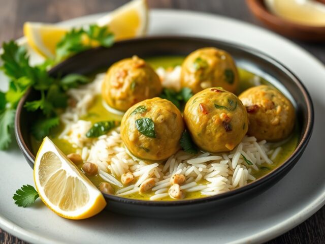 Gehaktballetjes in groene curry — AI-gegenereerde illustratie