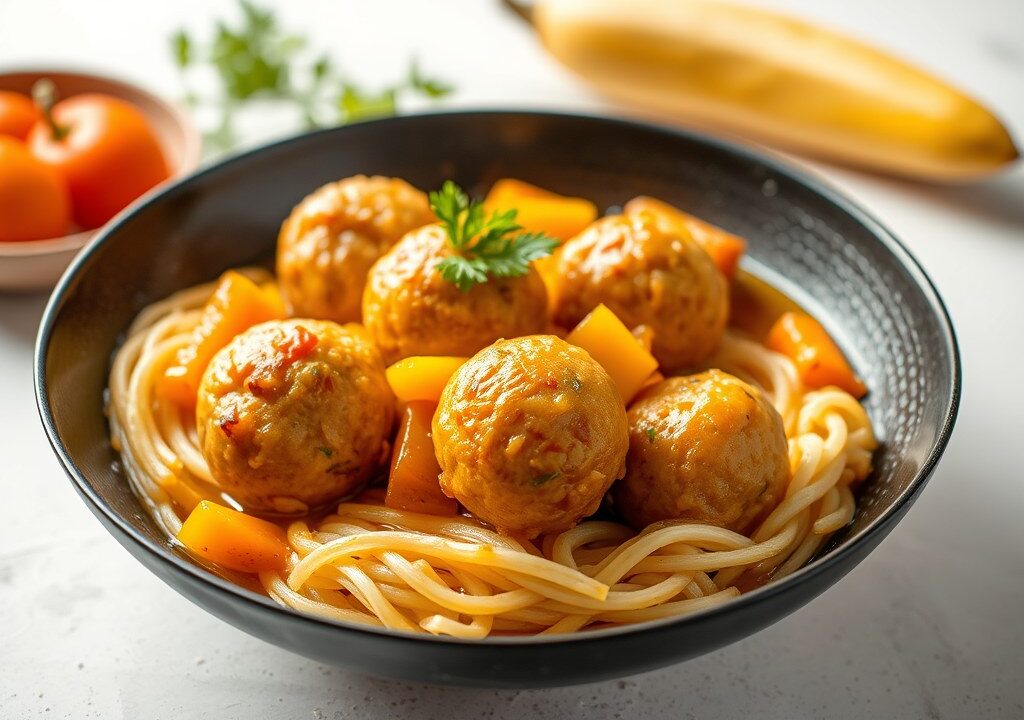 Gehaktballetjes in kerrierroomsaus met gele paprika en ananas, AI-gegenereerde illustratie