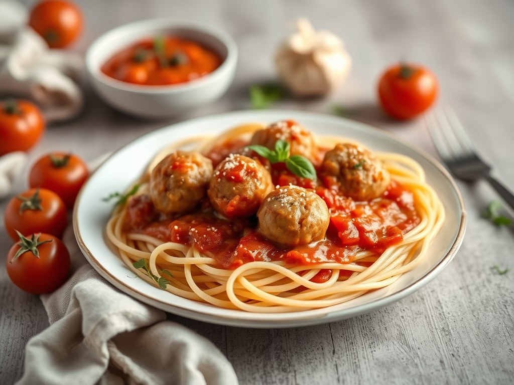 Gehaktballetjes in Tomatensaus met Spaghetti, AI-gegenereerde illustratie