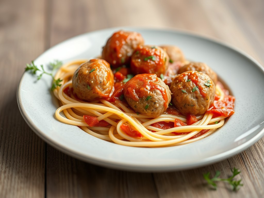 Gehaktballetjes op Spaghetti All’Amatriciana, AI-gegenereerde illustratie