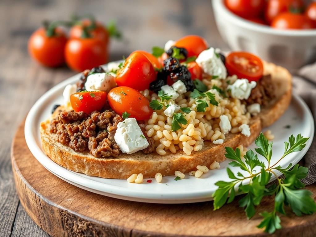 Gehaktbrood met feta en orzo salade, AI-gegenereerde illustratie