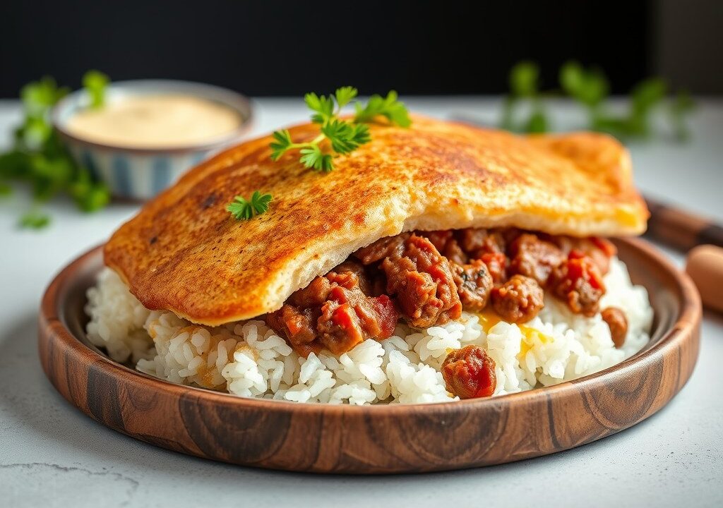 Gehaktbrood ‘Provençale’ met rijst, AI-gegenereerde illustratie