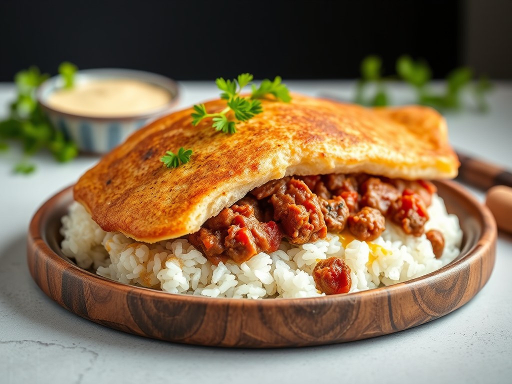 Gehaktbrood ‘Provençale’ met rijst, AI-gegenereerde illustratie