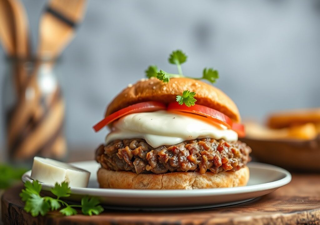 Gehaktburger met Danablu en Monchou, AI-gegenereerde illustratie