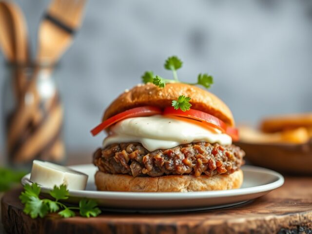 Gehaktburger met Danablu en Monchou — AI-gegenereerde illustratie