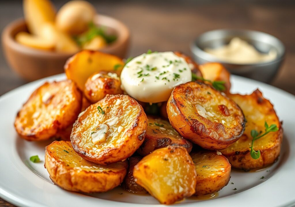 Gekaramelliseerde kipvleugels, abrikozencompote, gebakken aardappelen, AI-gegenereerde illustratie