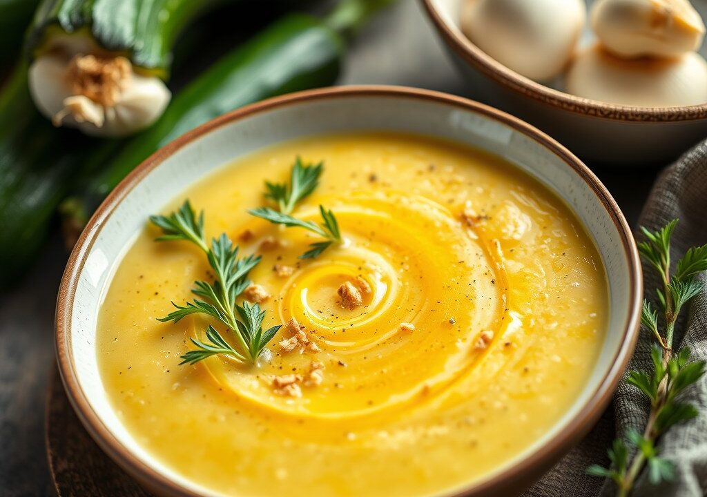 Gekoelde courgettesoep met knoflook en fijne kruiden — AI-gegenereerde illustratie
