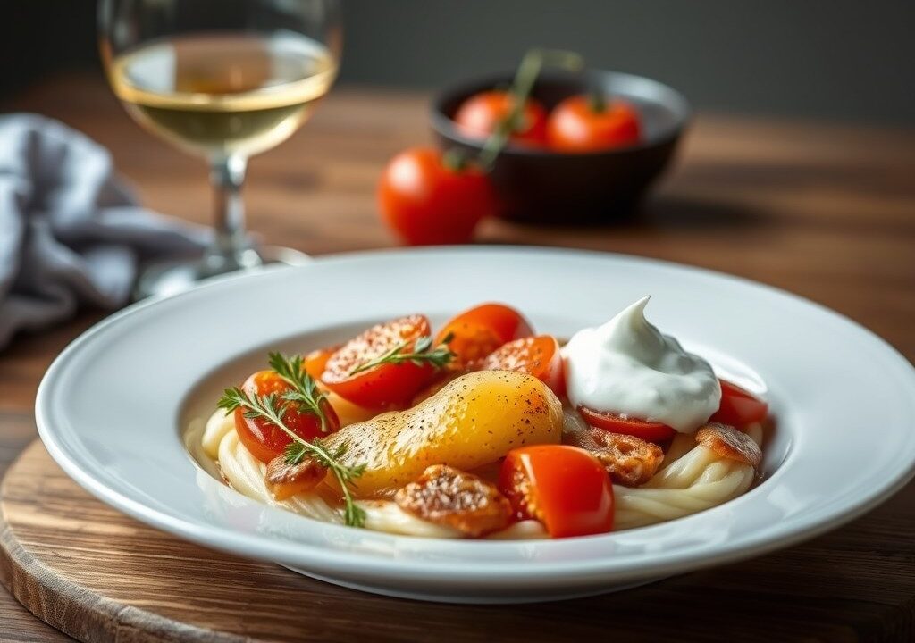 Gekruid Wild Zwijn met Tomaten-Zuurkool en Romige Aardappel, AI-gegenereerde illustratie