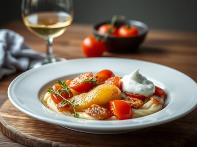 Gekruid Wild Zwijn met Tomaten-Zuurkool en Romige Aardappel — AI-gegenereerde illustratie