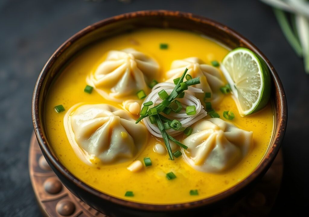 Gele curry dumplingsoep, AI-gegenereerde illustratie