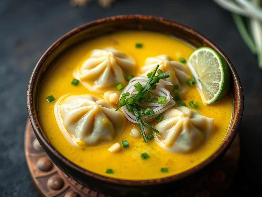 Gele curry dumplingsoep, AI-gegenereerde illustratie