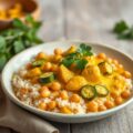 Gele curry met kabeljauw, courgette en rijst