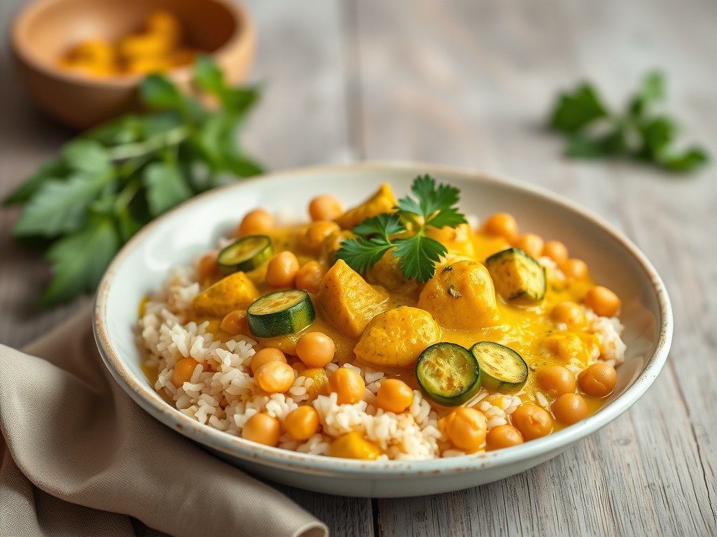 Gele curry met kabeljauw, courgette en rijst, AI-gegenereerde illustratie