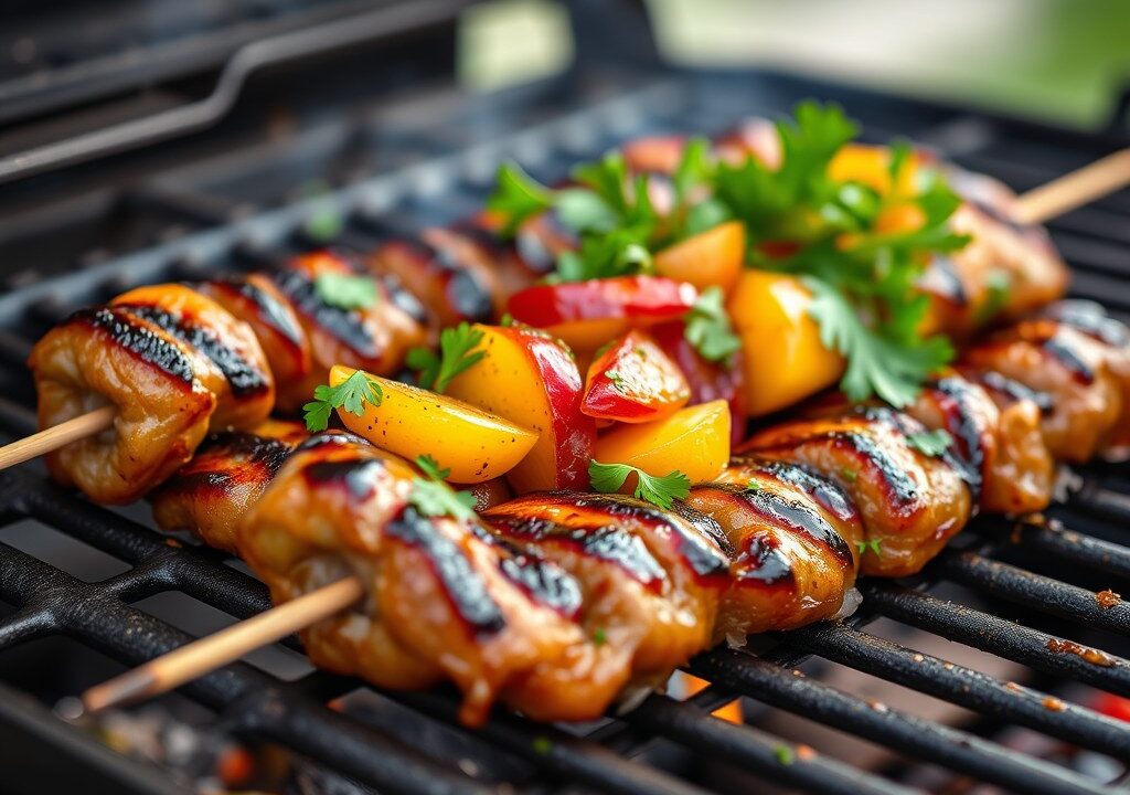Gemarineerde barbecue varkensribbetjes met een fruitige salsa van ananas en nectarines — AI-gegenereerde illustratie