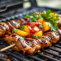 Gemarineerde barbecue varkensribbetjes met een fruitige salsa van ananas en nectarines