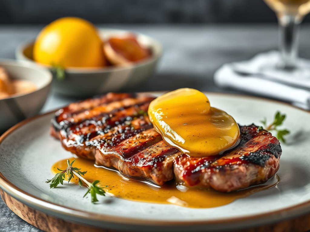 Gemarineerde Bavette met Appelcompôte, AI-gegenereerde illustratie