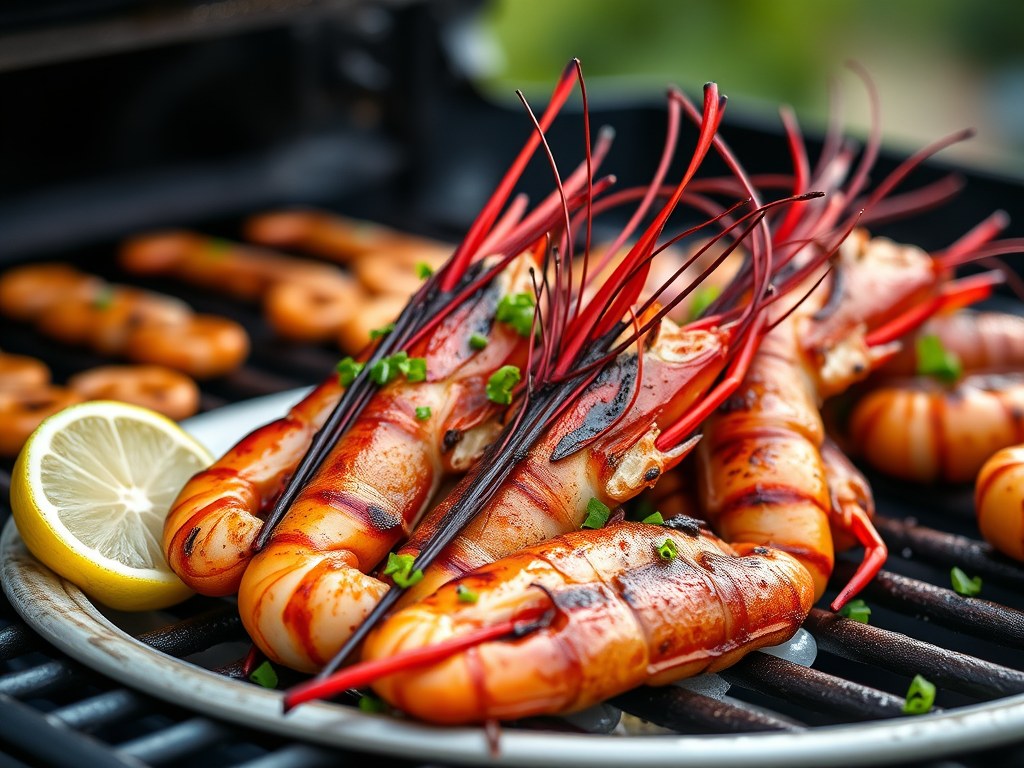 Gemarineerde gamba’s met gegrilde zomergroenten, AI-gegenereerde illustratie