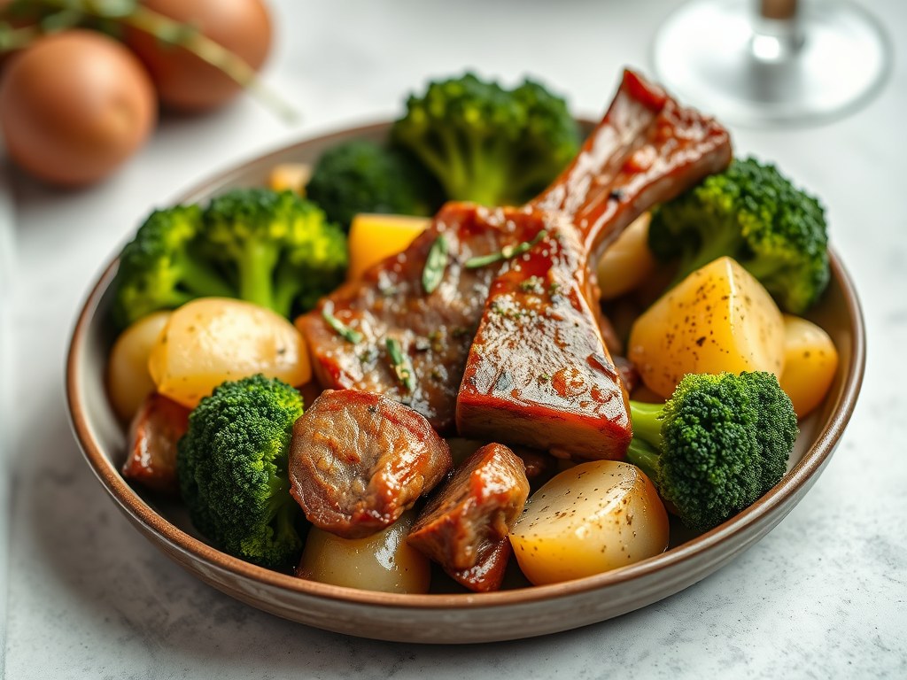 Gemarineerde karbonade met Broccoli, AI-gegenereerde illustratie