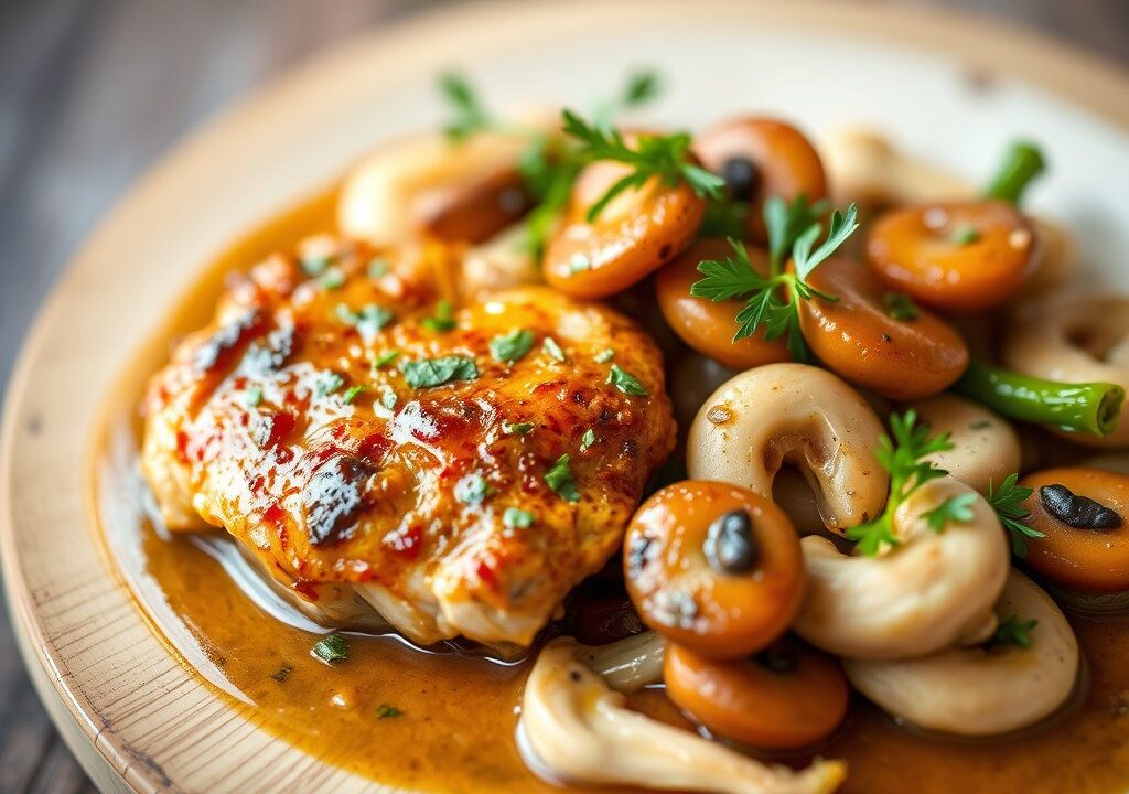 Gemarineerde kip met een vulling van kastanje en vijgen, AI-gegenereerde illustratie