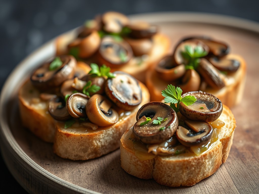 Gemarineerde paddenstoelen op bruschetta, AI-gegenereerde illustratie
