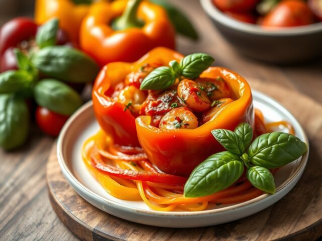 Gemarineerde roodbaars op een bedje van paprika — AI-gegenereerde illustratie