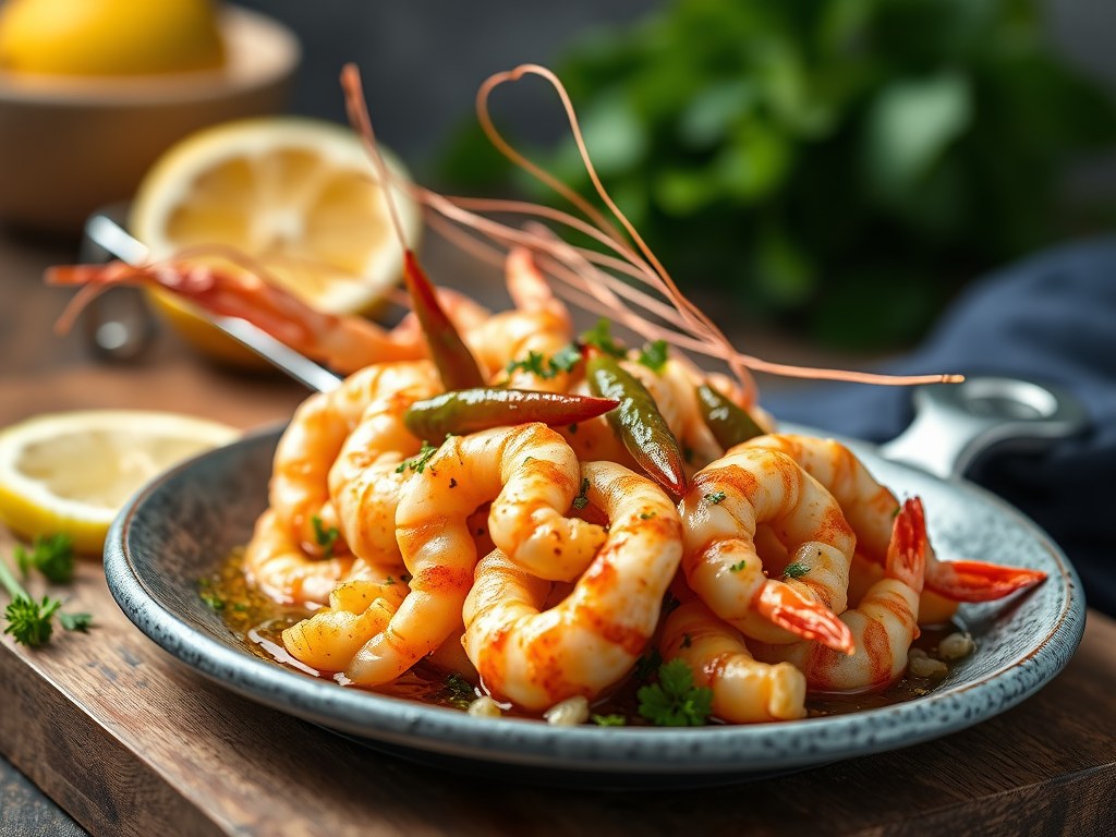 Gemarineerde scampi op een stokje, AI-gegenereerde illustratie