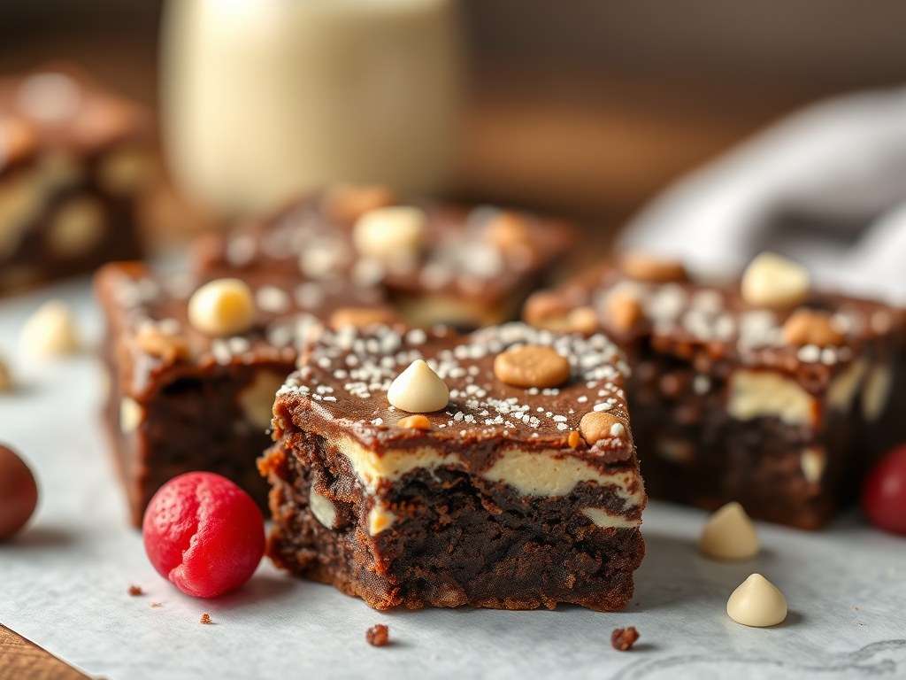Gemarmerde brownies van pure en witte chocolade, AI-gegenereerde illustratie