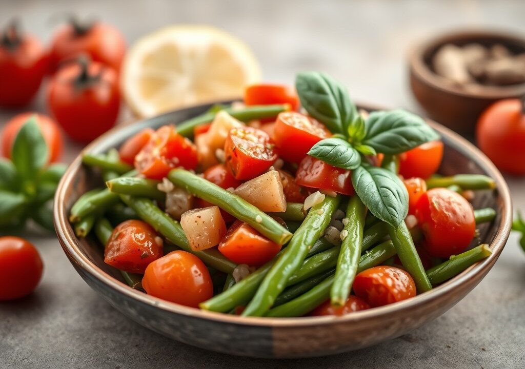Gemengde bonenschotel met tomaten en basilicum, AI-gegenereerde illustratie
