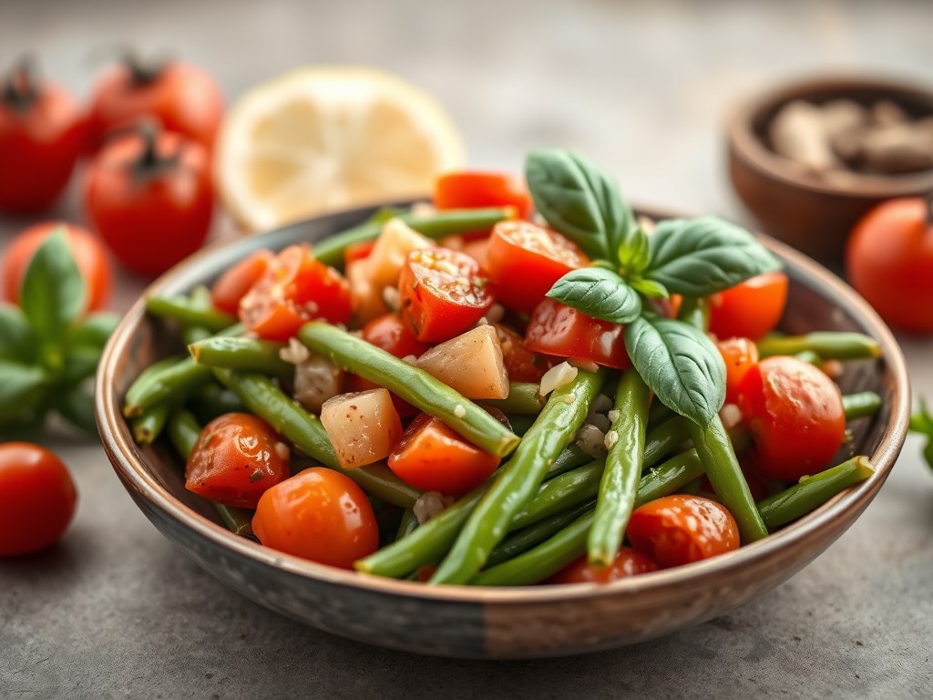 Gemengde bonenschotel met tomaten en basilicum, AI-gegenereerde illustratie