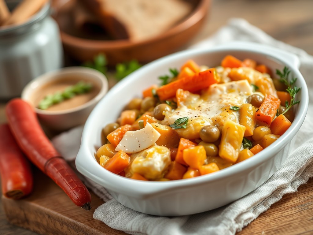 Gemengde groentegratin met wortelen,boontjes, krieltjes en achterham, AI-gegenereerde illustratie
