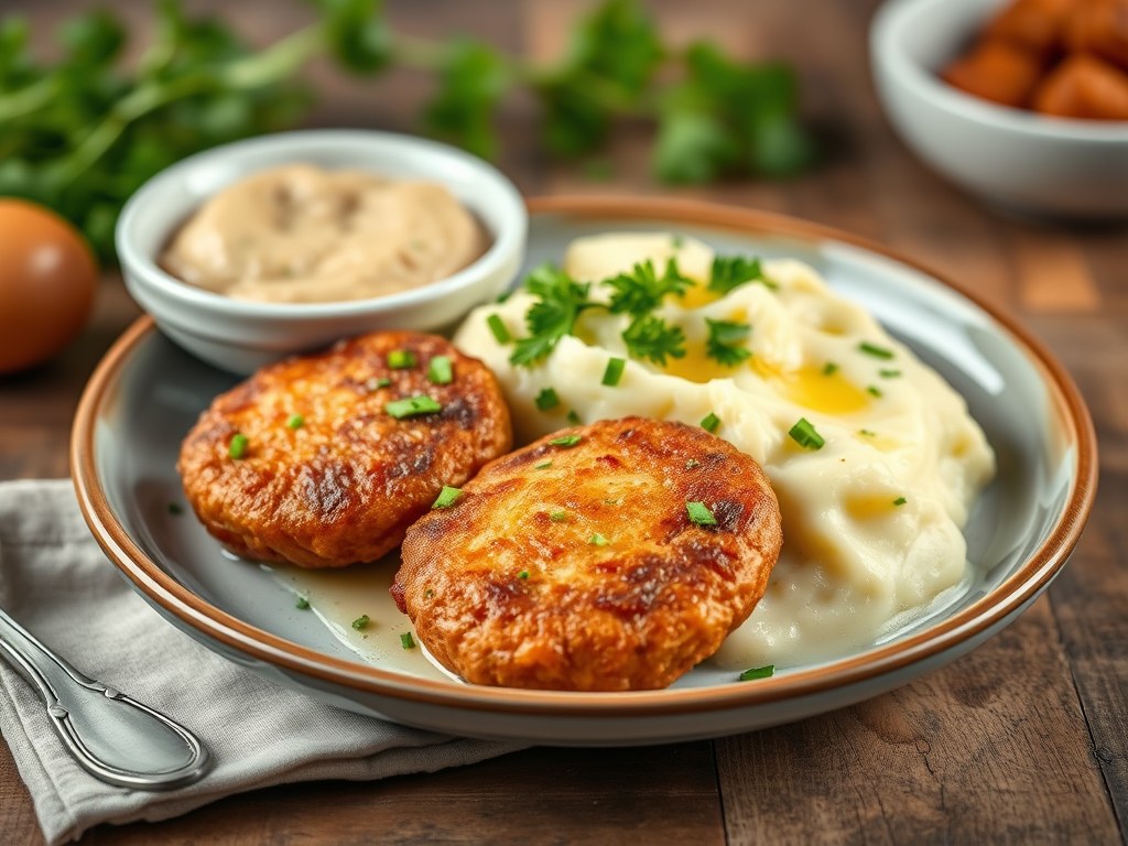 Gepaneerde pladijsfilets met aardappelpuree, AI-gegenereerde illustratie