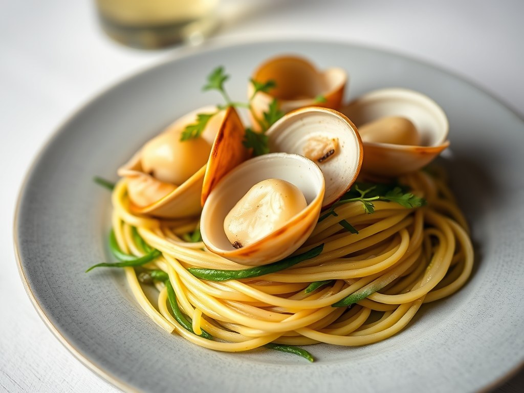 Gepocheerde coquilles in champagne, AI-gegenereerde illustratie