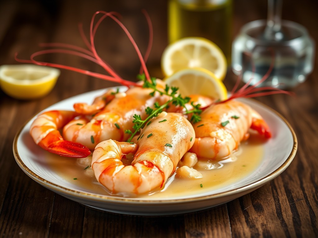 Gepocheerde langoustines met calvados, AI-gegenereerde illustratie