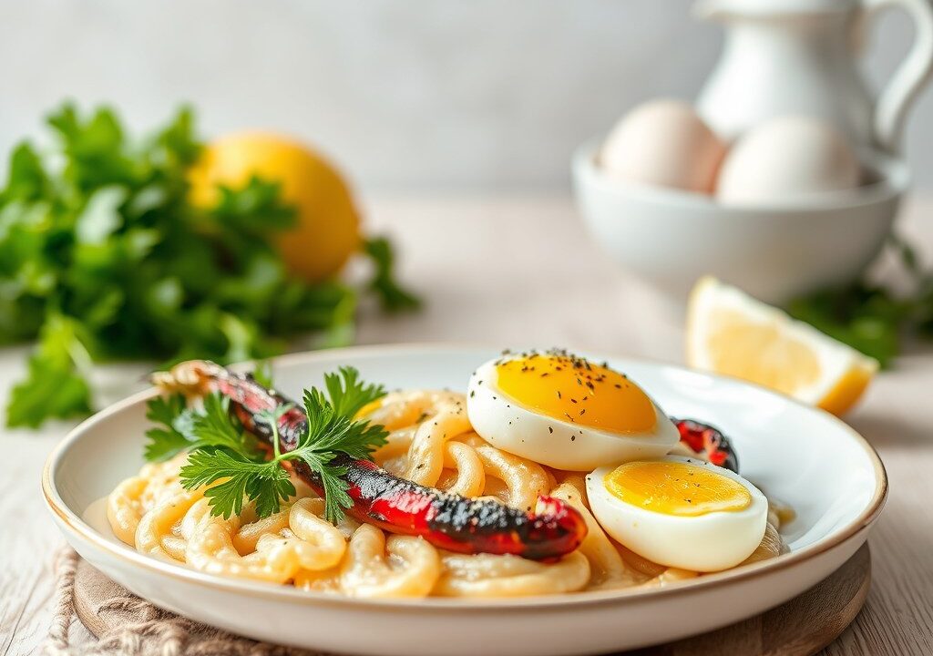 Gepocheerde rog met kruidige ravigote, AI-gegenereerde illustratie