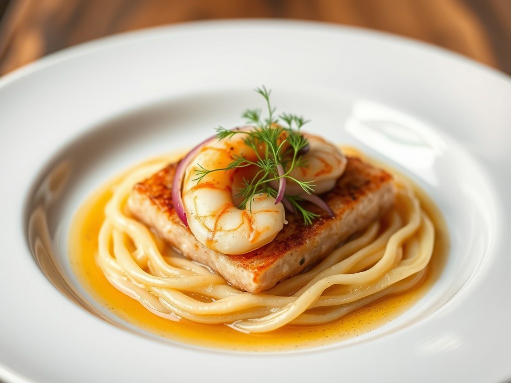 Gepocheerde roggevleugelfilet gevuld met grijze garnalen, AI-gegenereerde illustratie