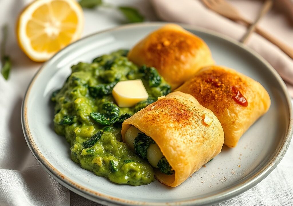 Gepocheerde tongrolletjes met spinaziepuree en saffraan — AI-gegenereerde illustratie
