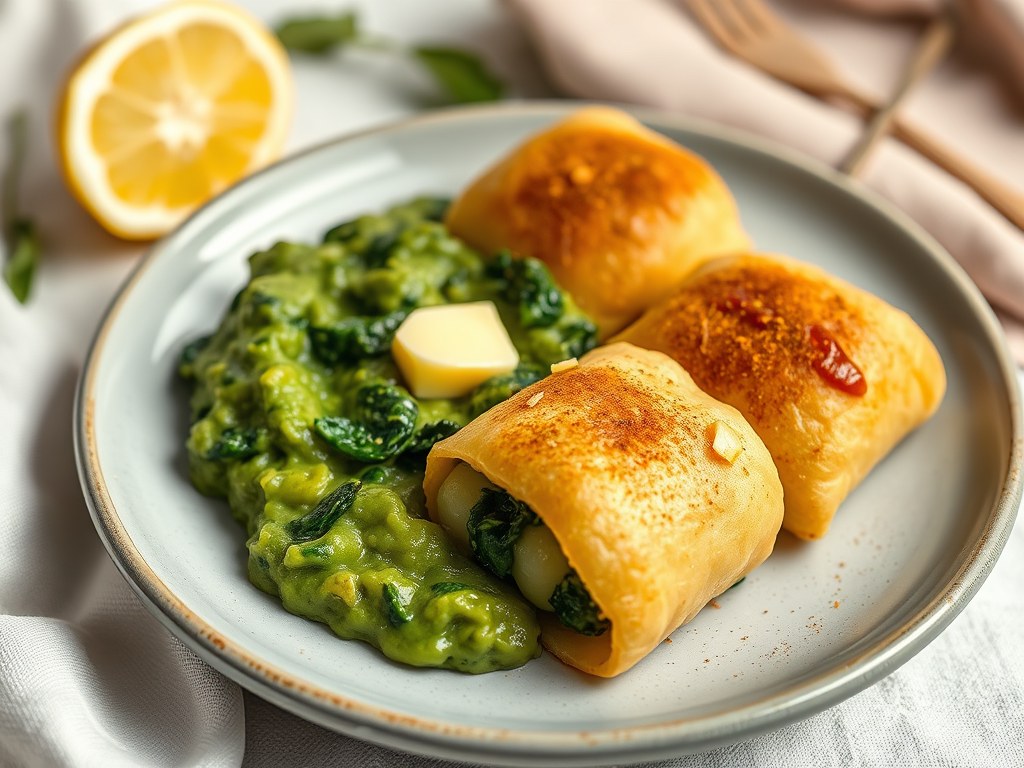 Gepocheerde tongrolletjes met spinaziepuree en saffraan, AI-gegenereerde illustratie