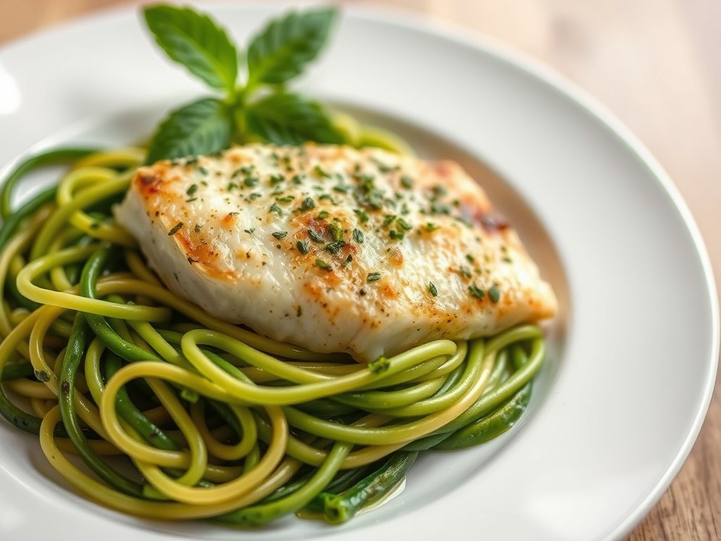 Gepocheerde vis met courgette- en muntsaus en groene tagliatelle, AI-gegenereerde illustratie