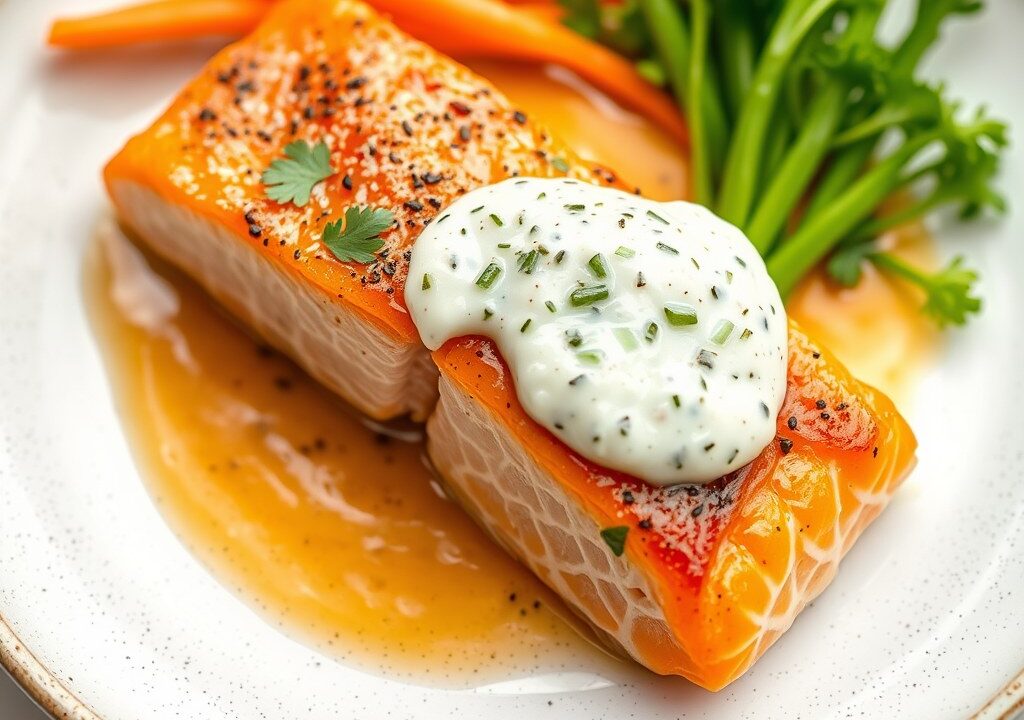 Gepocheerde Zalm met een Komkommer Raita — AI-gegenereerde illustratie