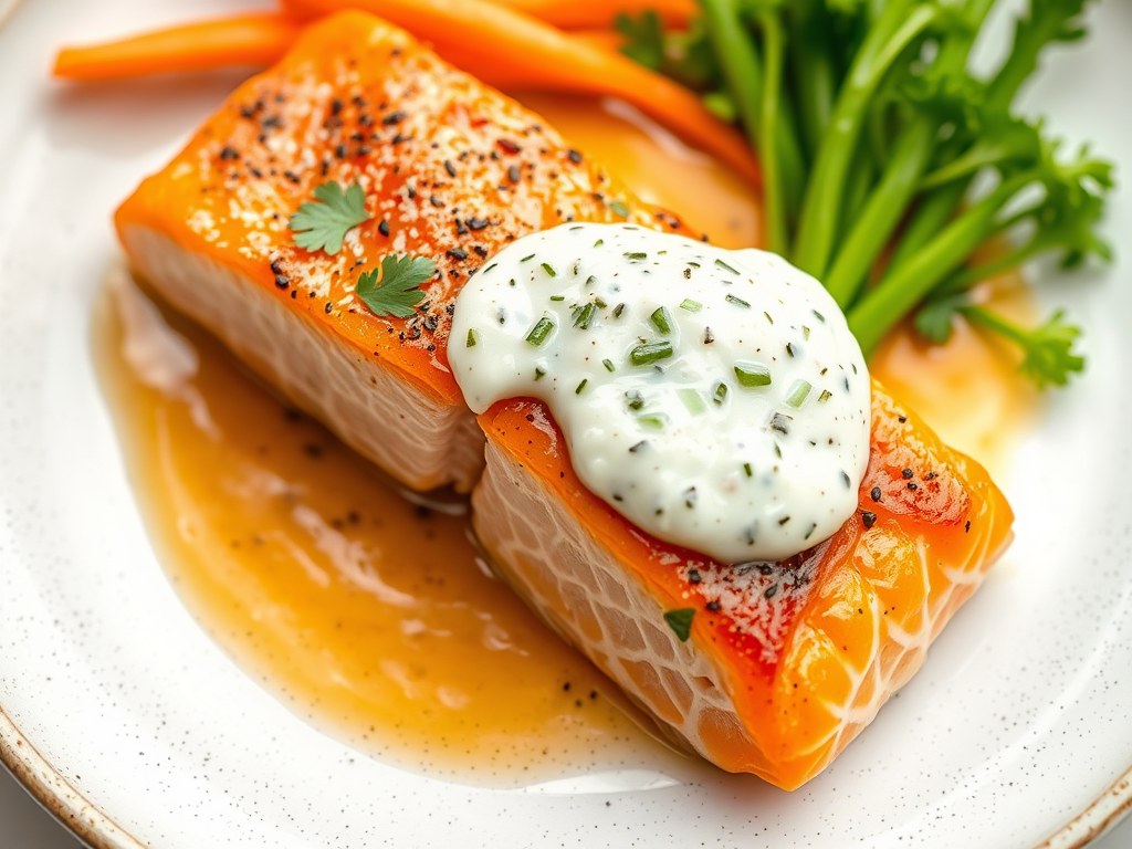 Gepocheerde Zalm met een Komkommer Raita, AI-gegenereerde illustratie