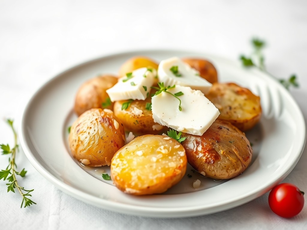 Gepofte aardappelen met prei en brie, AI-gegenereerde illustratie