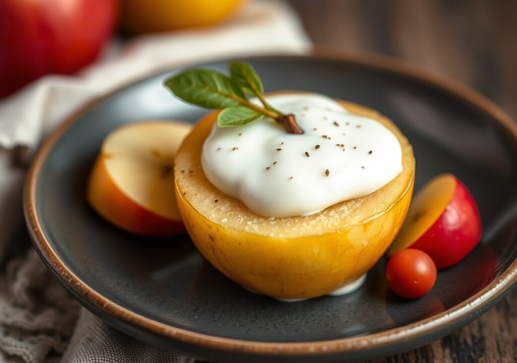 Gepofte appelen met sour cream saus, AI-gegenereerde illustratie